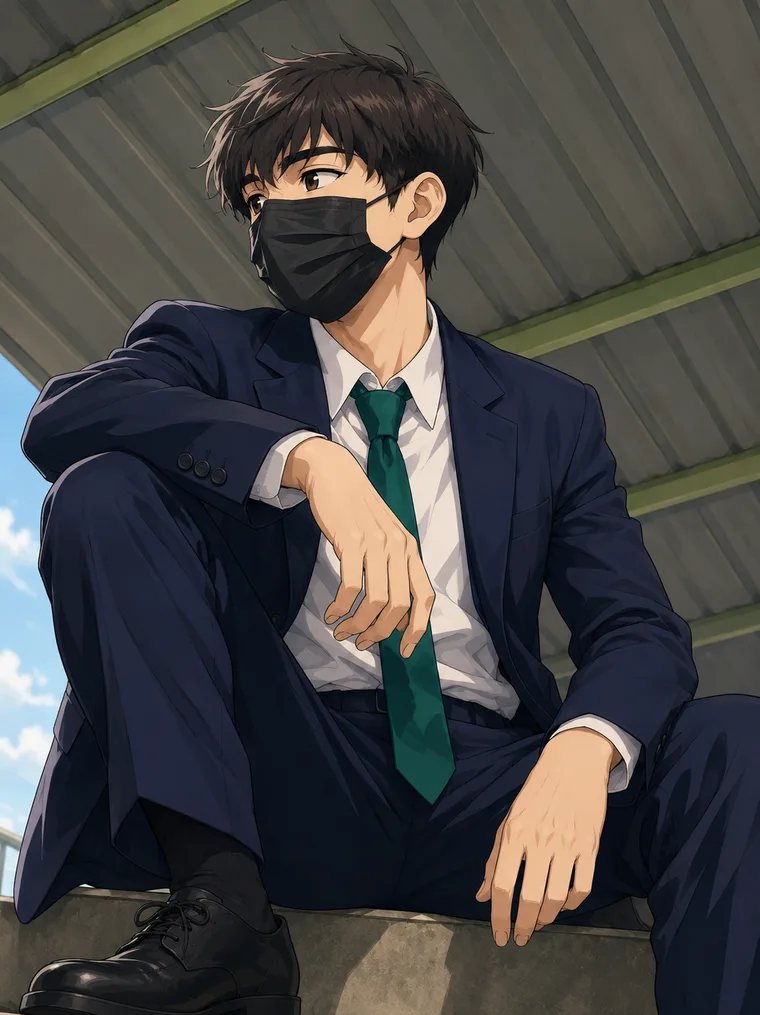 Anime illustration of Hayder in a navy suit and mask